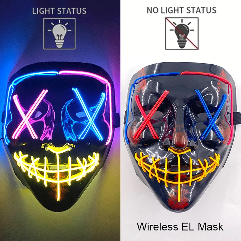 Drahtlose Neon-LED-Reinigungsmaske, im Dunkeln leuchtende Cosplay-Horrormaske, Halloween-Maskerade-Partymasken, leuchtende, lustige Verkleidung
