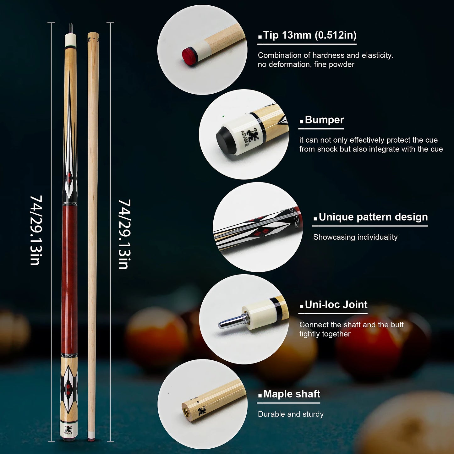 Premium Canadian Hard Maple Pool Cue 13mm Tip Steel Quick Connect Ideal for Nine Ball and Carom Billiards Pool Skill Training