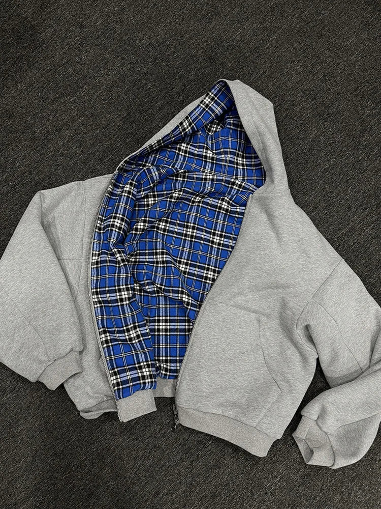 Heavy Plaid Hoodie Women's Warm Zip-Up Double-Sided Sweatshirt
