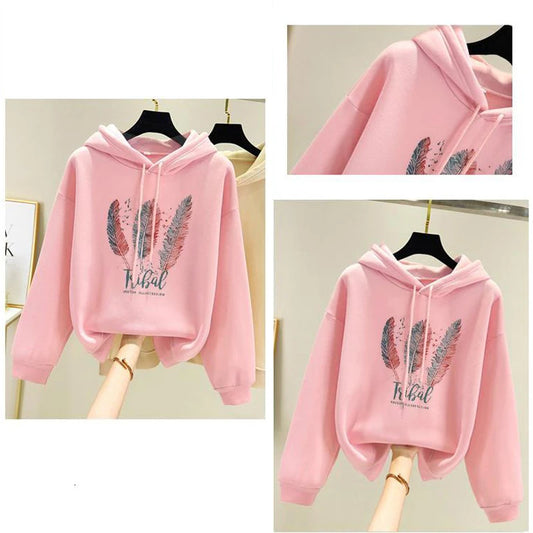 Women Feather Printed Hoodie Plus Velvet Loose Sweatshirt