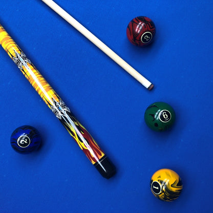 Pool cue and balls on a blue background