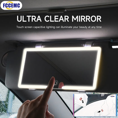 Car visor mirror with touch screen capacitive lighting, featuring FCCEMC branding.