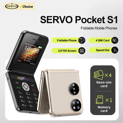 SERVO Pocket S1 Klapp-Handy 4 SIM Standby Anrufaufzeichnung Magische Stimme Kurzwahl Blacklist 2,4" Faltbare tragbare Handys