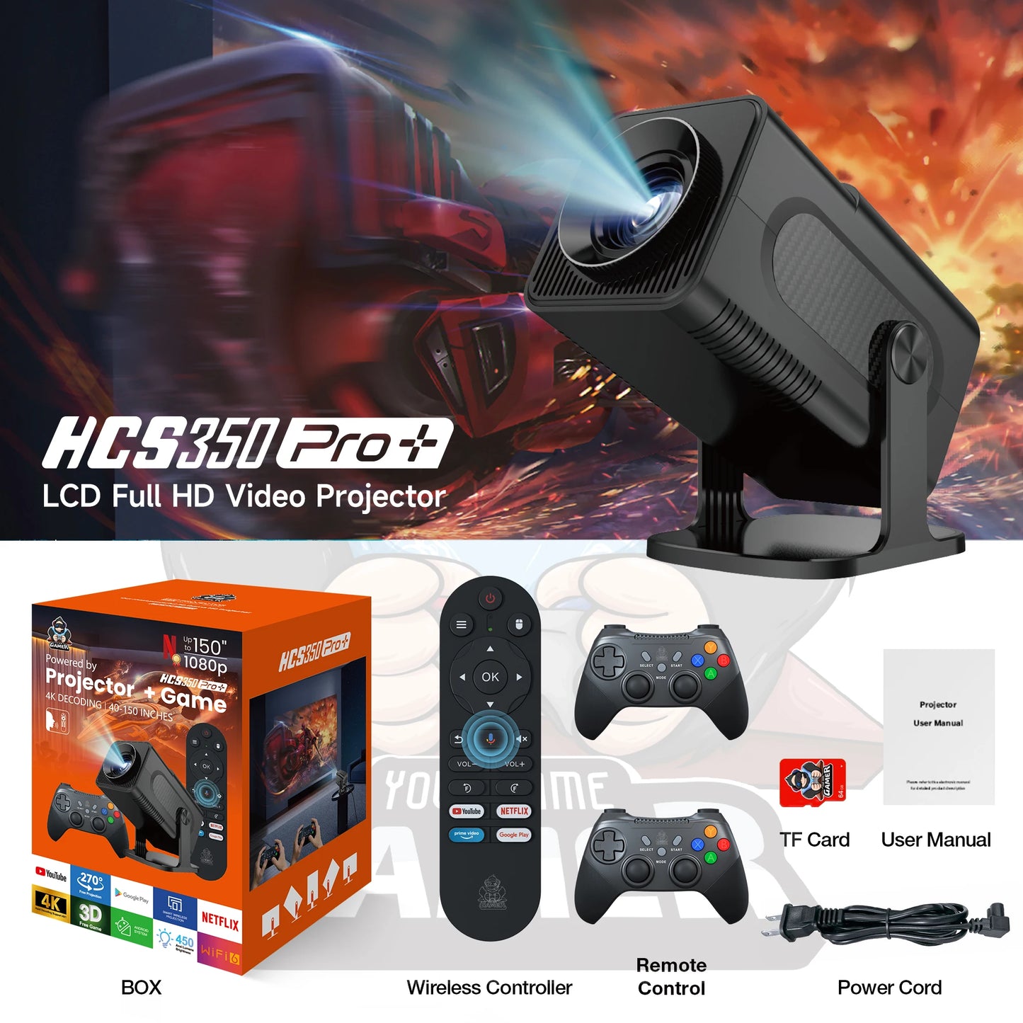 HCS350PRO plus 3D HD portable  Retro video game consoles projector smoothly without buffering for Android WIFI6 dual system game