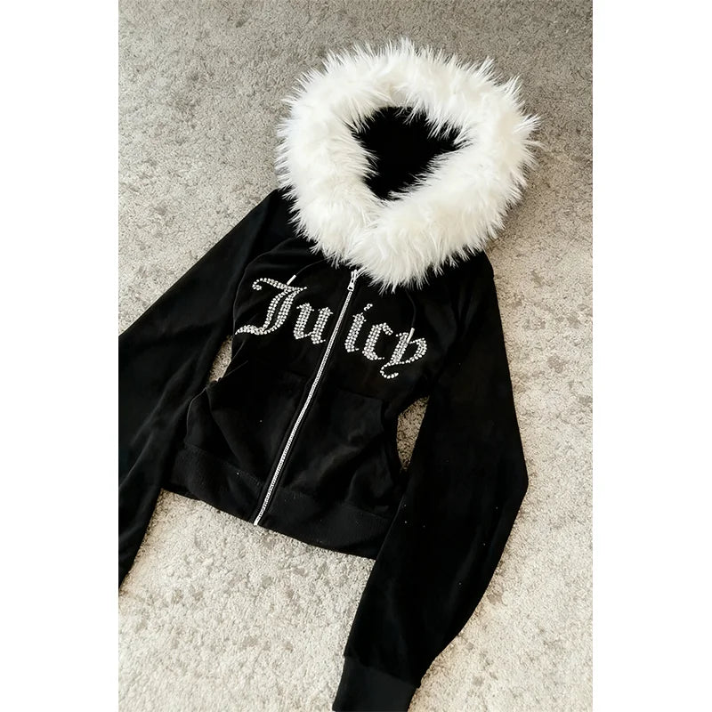 Fur collar cardigan sweatshirt zipper jacket European and American letter hot stamping retro sweatshirt jacke