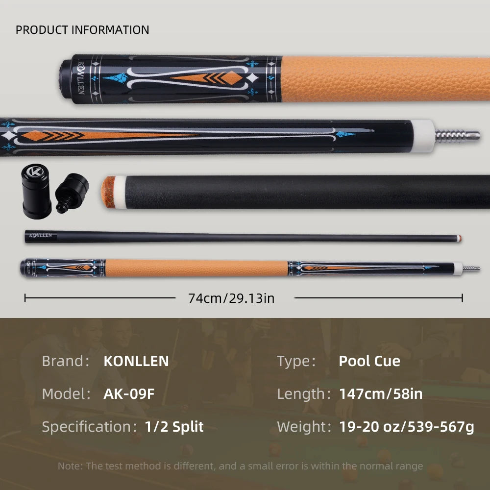 Pool cue with components and specifications on a gray background