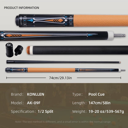 Pool cue with components and specifications on a gray background