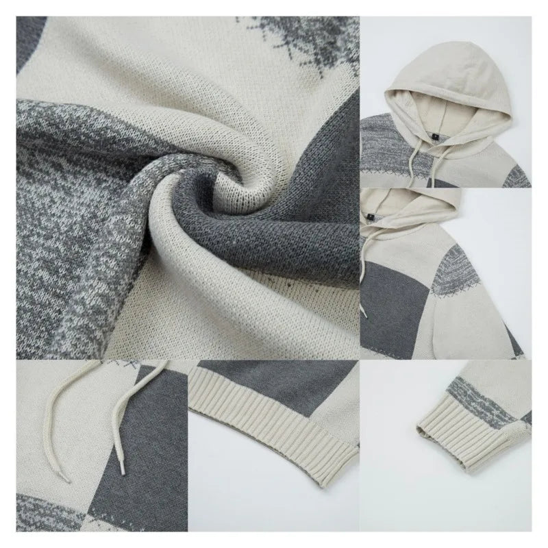 Collage of a gray and beige patterned fabric with a hooded garment.