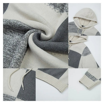 Collage of a gray and beige patterned fabric with a hooded garment.