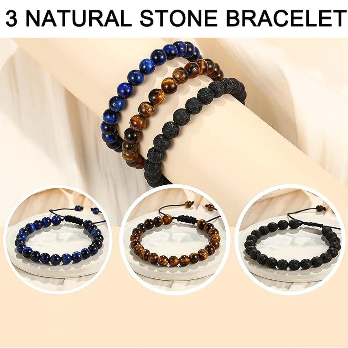 3-fach gewickeltes 8mm Natur Tigerauge Lava-Stein Schutz-Armband HANDGEMACHT Herren Geschenk