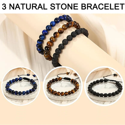 3-fach gewickeltes 8mm Natur Tigerauge Lava-Stein Schutz-Armband HANDGEMACHT Herren Geschenk