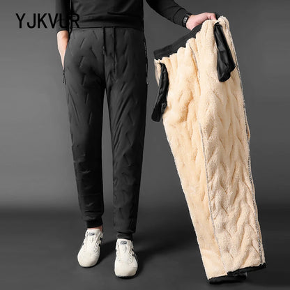 YJKVUR Winter New Oversize Pants Men Windproof Warm Fleece Liner Drawstring Trousers Casual Comfortable Plus Size Sweatpants