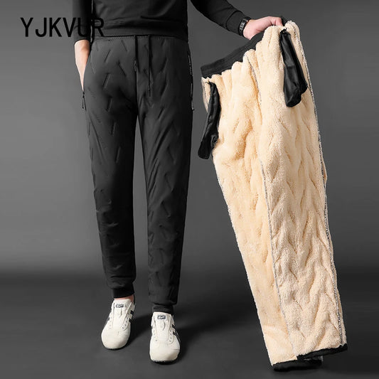 YJKVUR Winter New Oversize Pants Men Windproof Warm Fleece Liner Drawstring Trousers Casual Comfortable Plus Size Sweatpants
