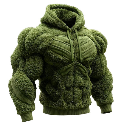 Men's Fashion Flannel Hoodie Pullover Abdominal Muscle Design Sportswear Autumn Winter Casual Long Sleeve Hooded Sweatshirt