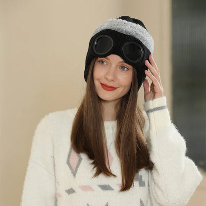 Pilot Goggles with Fleece Knit Hat for Autumn and Winter Cold Weather Protection, Warm Woolen Hat for Men and Women, Versatile T
