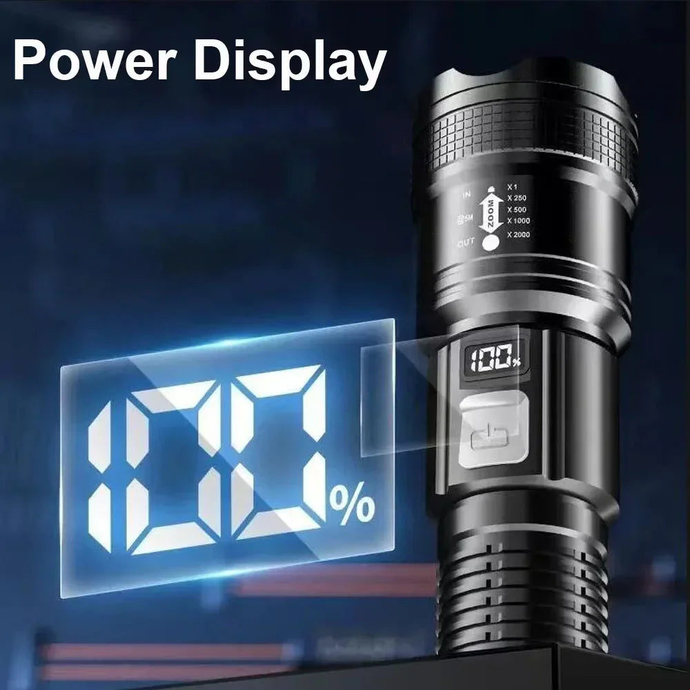Leistungsstarke LED-Taschenlampen 300000LM Taktische Taschenlampe mit Displaylicht USB-Ladefunktion Camping Angeln Verteidigung Zoom-Laterne
