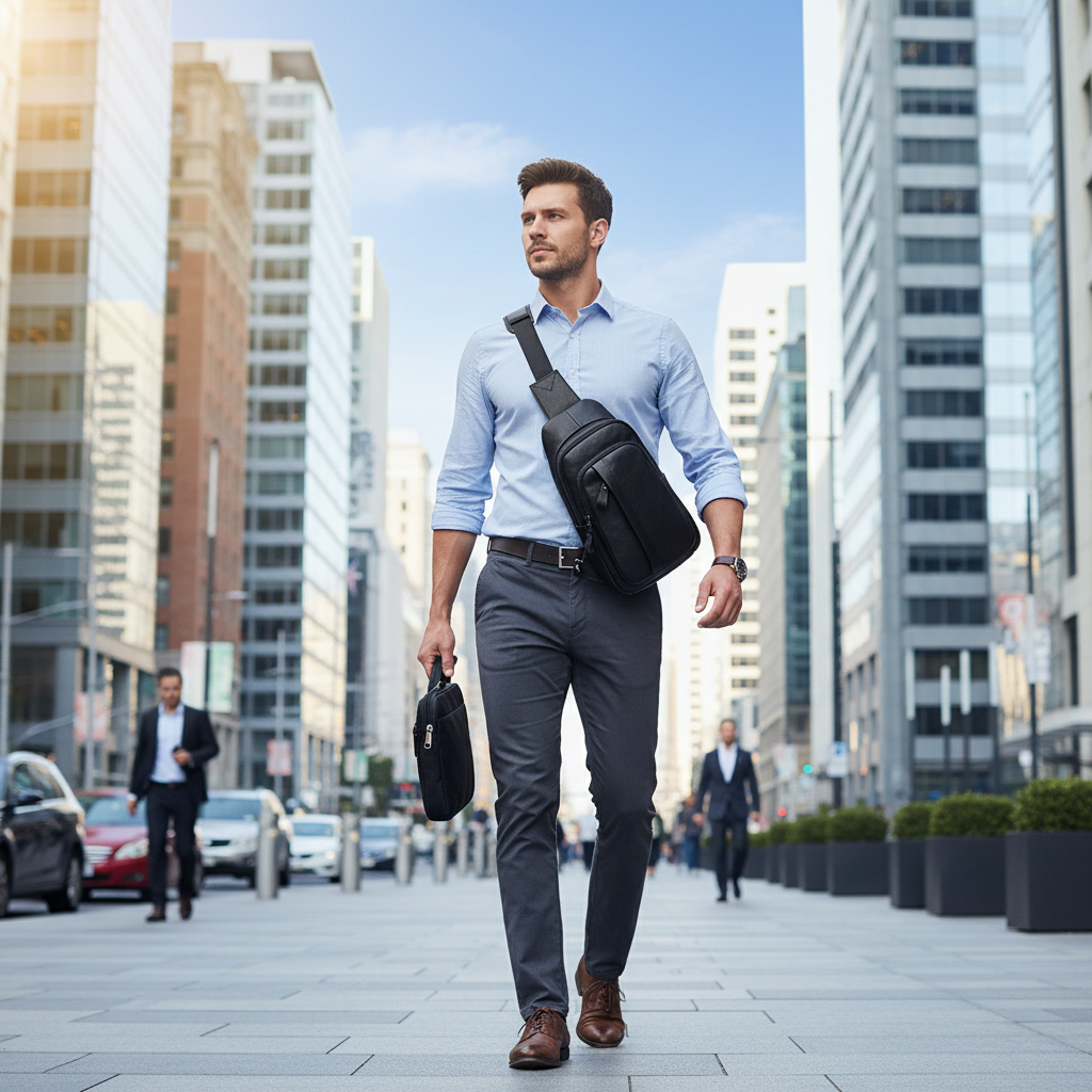 Man walking in an urban setting with a sling bag and briefcase.