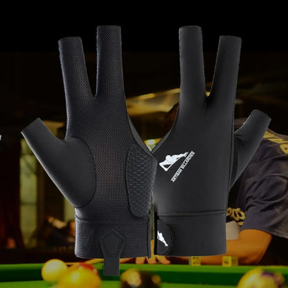 Black billiard glove with a brand logo on a pool table background