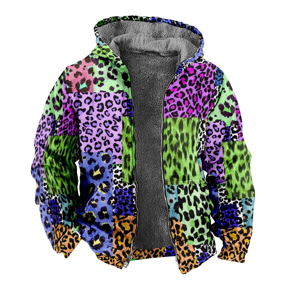 Herbst Winter Fleece Zip-Up Hoodies Original Leopard Patchwork Digitaldruck Herren Parka Mantel Jacken Oberbekleidung Sweatshirts Street