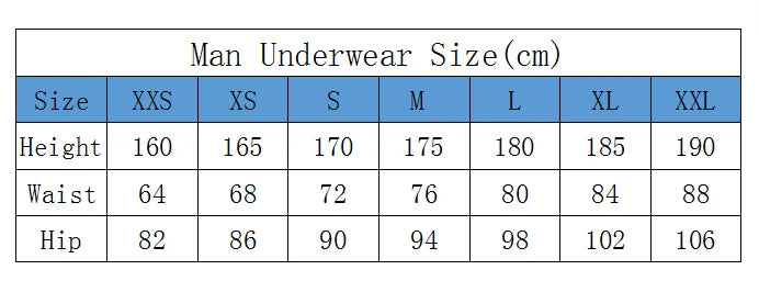Table of man underwear size chart in centimeters
