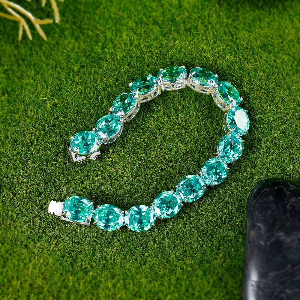 925 Sterling Silver Oval Cut 10 12 MM Lab Sapphire Paraiba High Carbon Diamonds Gemstone Bracelet Bangle