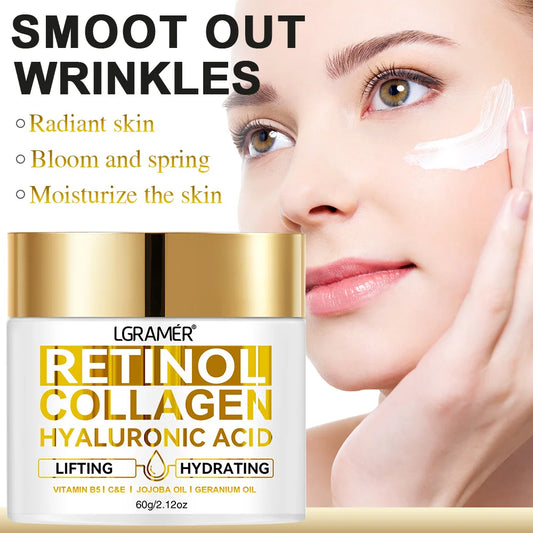 L'Gamer Retinol Collagen Hyaluronic Acid skincare product with a woman applying cream to her face.