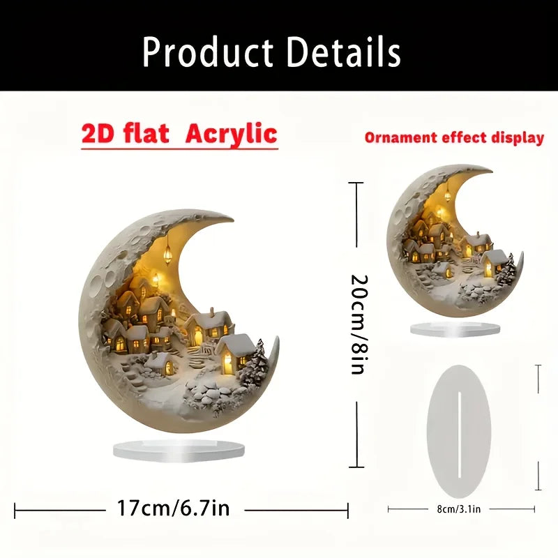 Decorative moon-shaped ornament with a small village scene, showing dimensions and material type.