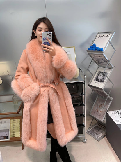 2025 Neuer Winter Damen Naturfuchs Fellkragen Lange Weiße Gänsedaunenjacke Wollmantel Warmer Mantel Dicker Luxus Damenmäntel