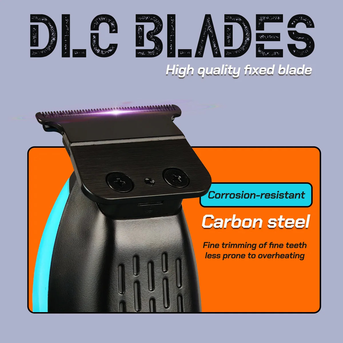 Hair trimmer with DLC blades on a light blue background