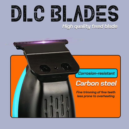 Hair trimmer with DLC blades on a light blue background