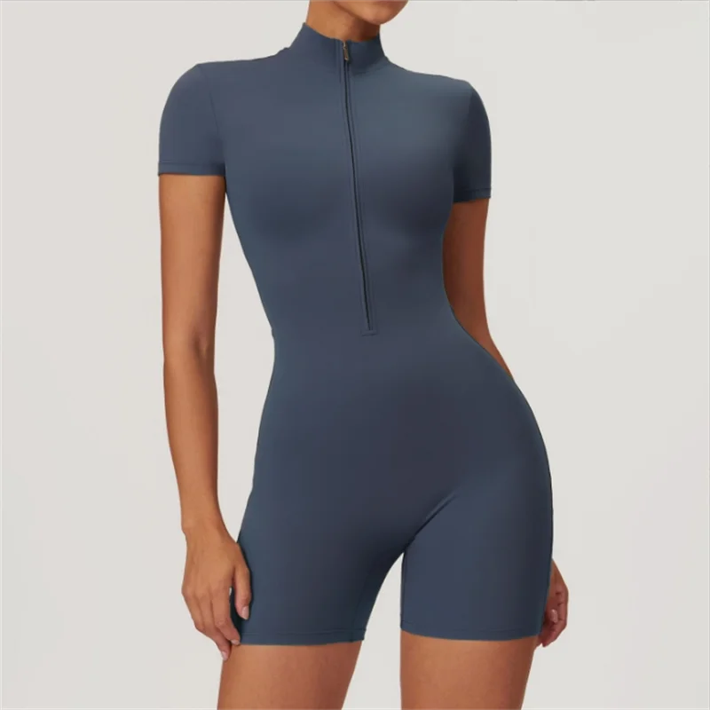 Europäischer und amerikanischer rückenfreier einteiliger Yoga-Anzug mit Stehkragen, halbem Reißverschluss, kurzärmeliger Fitness-Jumpsuit, eng anliegend
