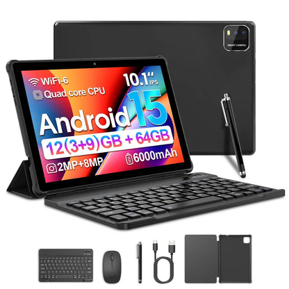 BAKEN 10-Zoll Android 15 Tablet, Quad-Core-Prozessor, 12 GB (3+9 Erweiterung) RAM + 64 GB Speicher, 5G WiFi, 1280*800 Dual-Kameras