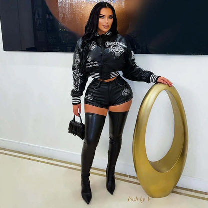 FAGADOER Fashion Letter Embroidery Two Piece Outfits Woman Long Sleeves Leather Patchwork Crop Top and Shorts Female Streetwear
