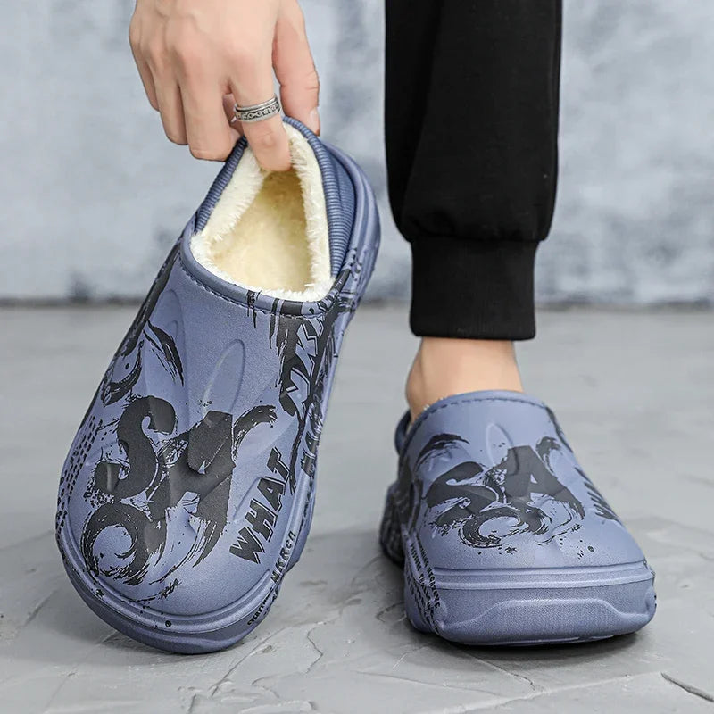 Winter-Fellpantoffeln für Herren, warme Indoor-Baumwollschuhe, wasserdichte Outdoor-Gartenschuhe, Slip-On Clogs, halbe Pantoletten/Sandalen