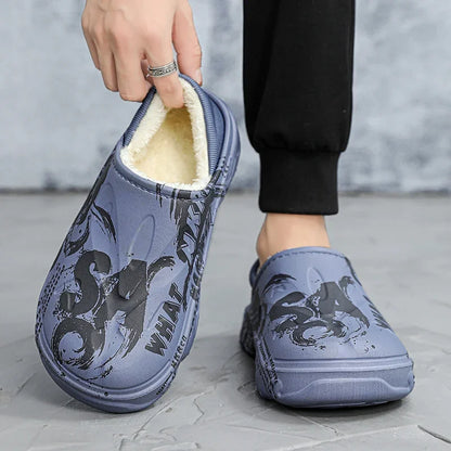 Winter-Fellpantoffeln für Herren, warme Indoor-Baumwollschuhe, wasserdichte Outdoor-Gartenschuhe, Slip-On Clogs, halbe Pantoletten/Sandalen