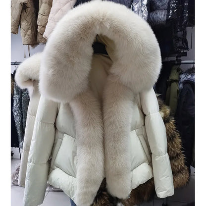 2025 MAOMAOKONG White Duck Down Jacket Winter Women Warm Loose Coat Natural Real Fox Fur Collar Thick Luxury Outerwear parkas