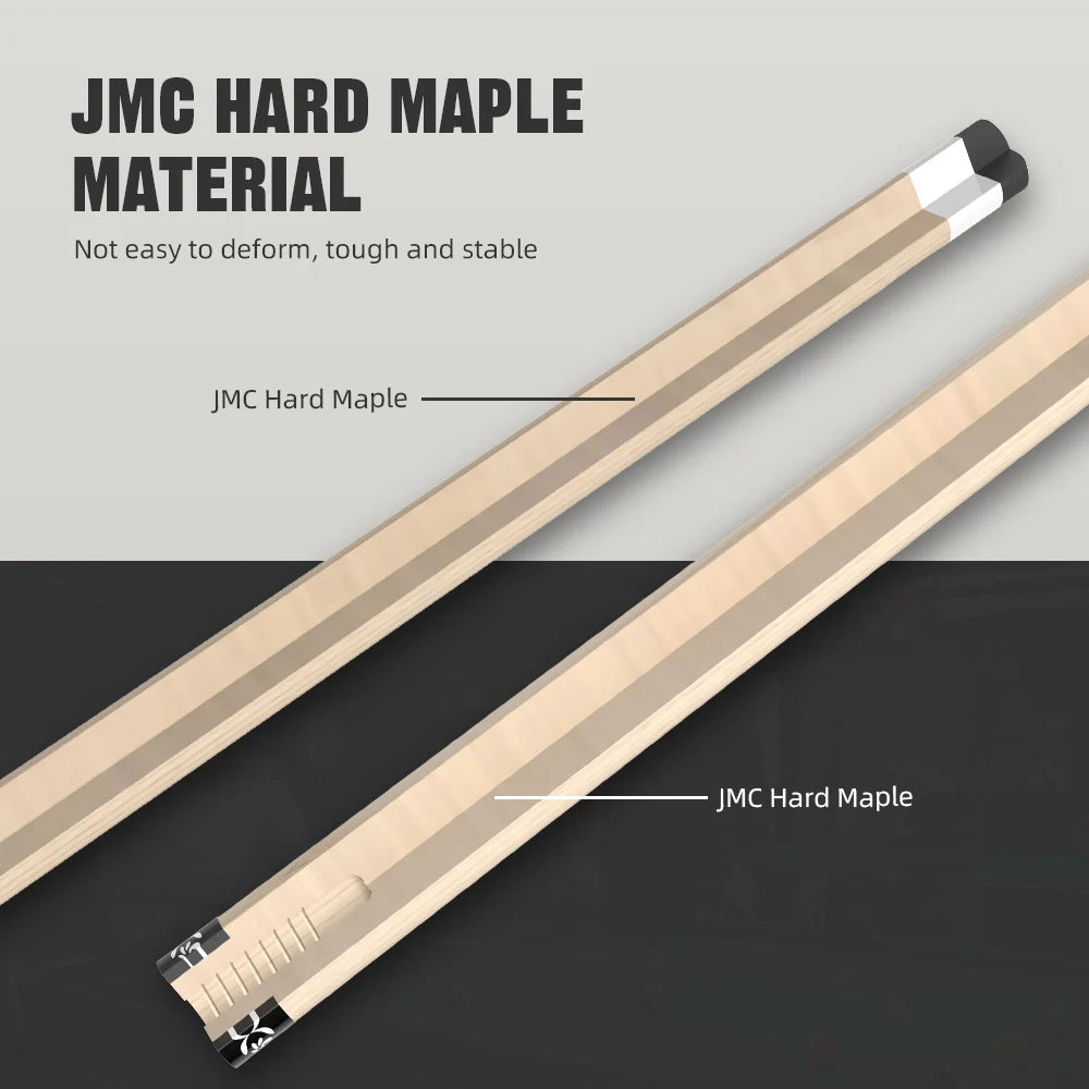 Two JMC Hard Maple material components on a gray and black background with text highlighting its properties.