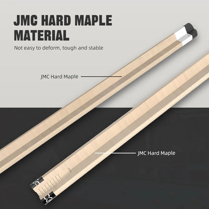 Two JMC Hard Maple material components on a gray and black background with text highlighting its properties.