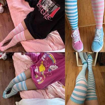 1 Paar stylische knielange JK-Socken, Damen-Streifensocken, hohe Socken, Mädchen-Oberschenkel-Socken. Mehrfarbige gestreifte niedliche Socken