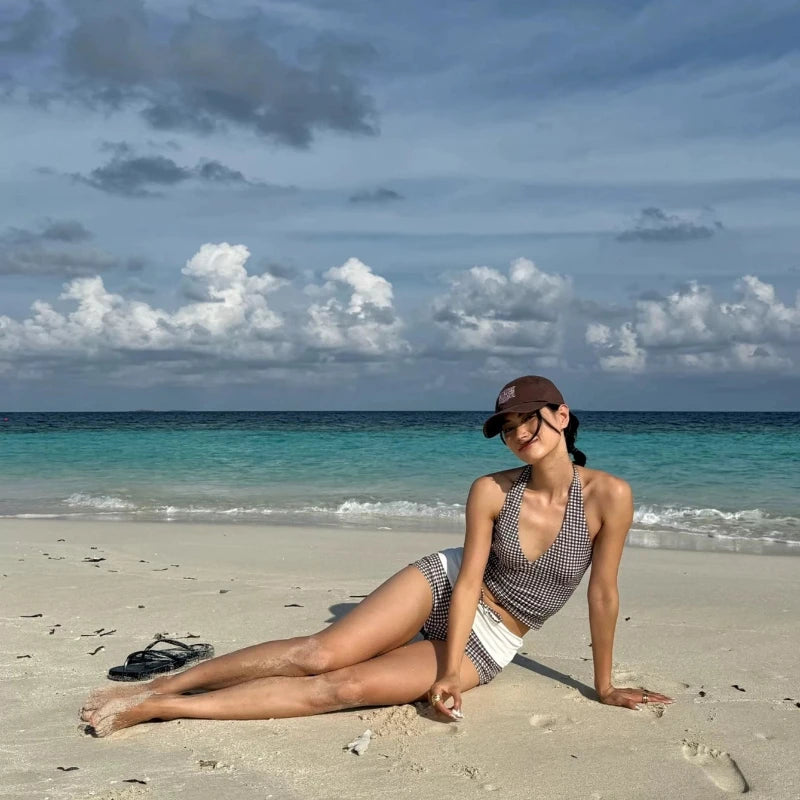Deep V High-Waist Checkered Bikini Swimsuit
