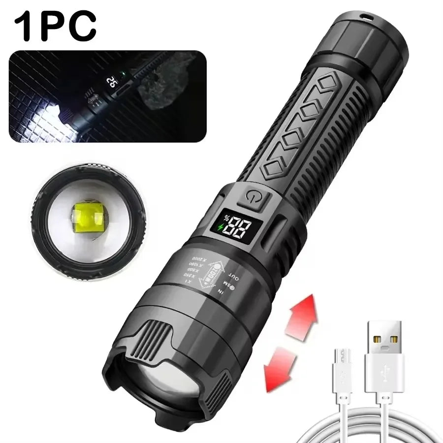 Leistungsstarke LED-Taschenlampen 300000LM Taktische Taschenlampe mit Displaylicht USB-Ladefunktion Camping Angeln Verteidigung Zoom-Laterne