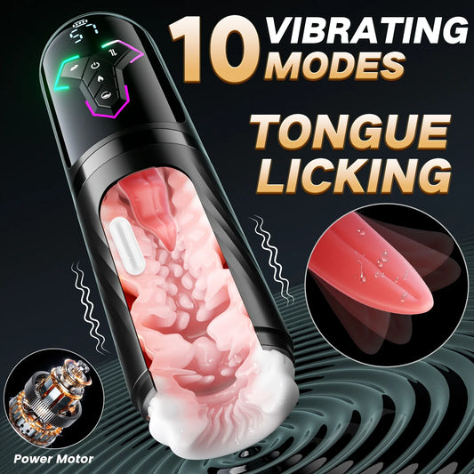 Sexual product with 10 vibrating modes and tongue licking feature on a dark background