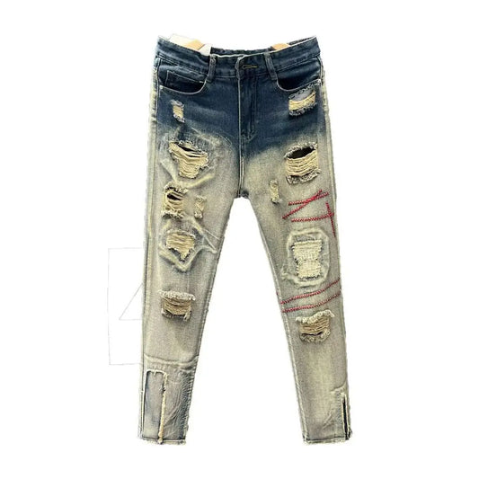 Designer Washed Destroyed Bestickte Slim Jeans Freizeitkleidung