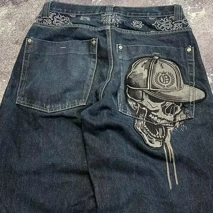 Street Fashion Trend Totenkopf bestickte Jeans Damen Harajuku Y2K Neue Hip Hop Joker Straight Wide-Leg Hosen Paar Freizeitjeans