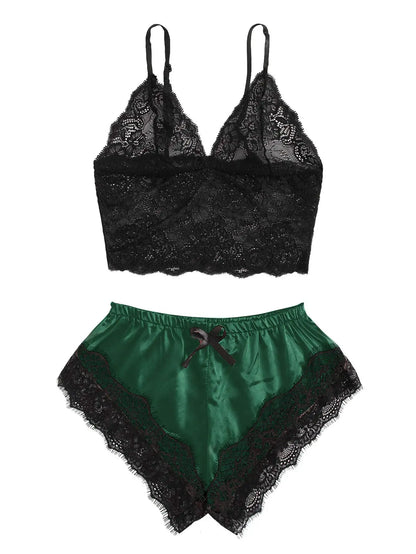 2PCS Women's Satin Pajama Set Lace Cami Top and Shorts Sexy Lingerie Sleepwear Summer Breathable Nightwear Black And Pink