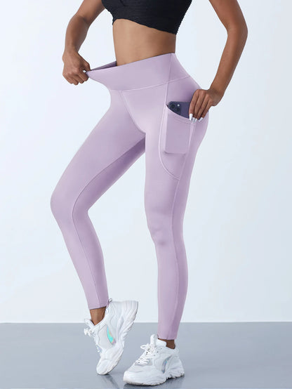 Neue High-Waist-Damen-Leggings Stretch-Yoga-Hosen Strumpfhosen mit Taschen Push-Up-Fitness-Lauf-Sportbekleidung Unifarbene Hosen