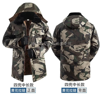 Winter Cotton Men's Velvet Thickened Camouflage Medium length Cold proof Cotton Jacket