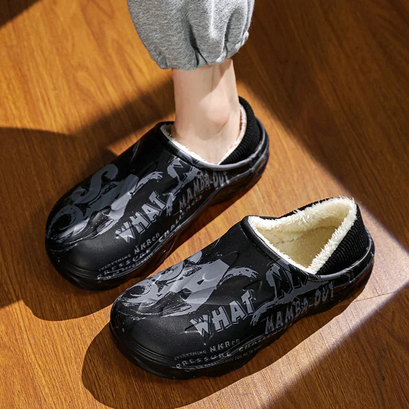 Winter-Fellpantoffeln für Herren, warme Indoor-Baumwollschuhe, wasserdichte Outdoor-Gartenschuhe, Slip-On Clogs, halbe Pantoletten/Sandalen