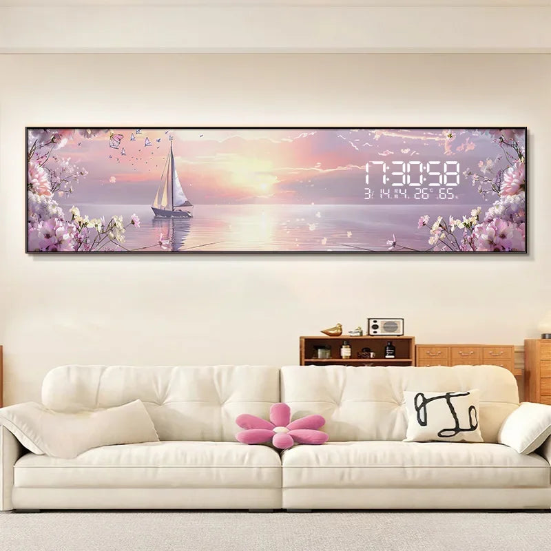 Digital clock with scenic design above a sofa in a living room
