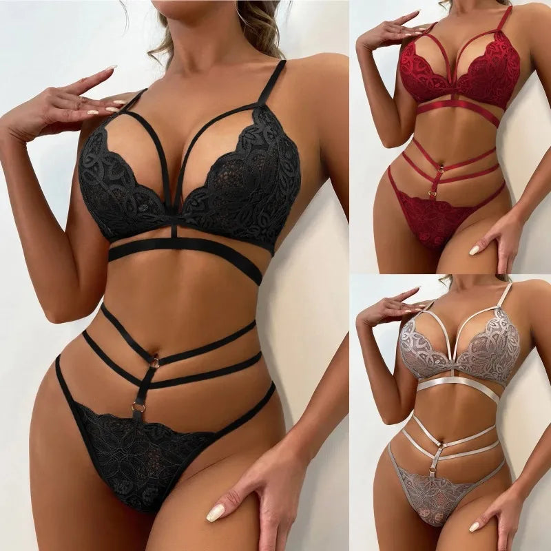 Three images of women wearing black, red, and silver lace lingerie sets.